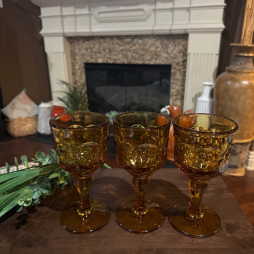 Indiana Glass Amber Constellation Pattern Vintage Glass Goblet - 7.25" Tall